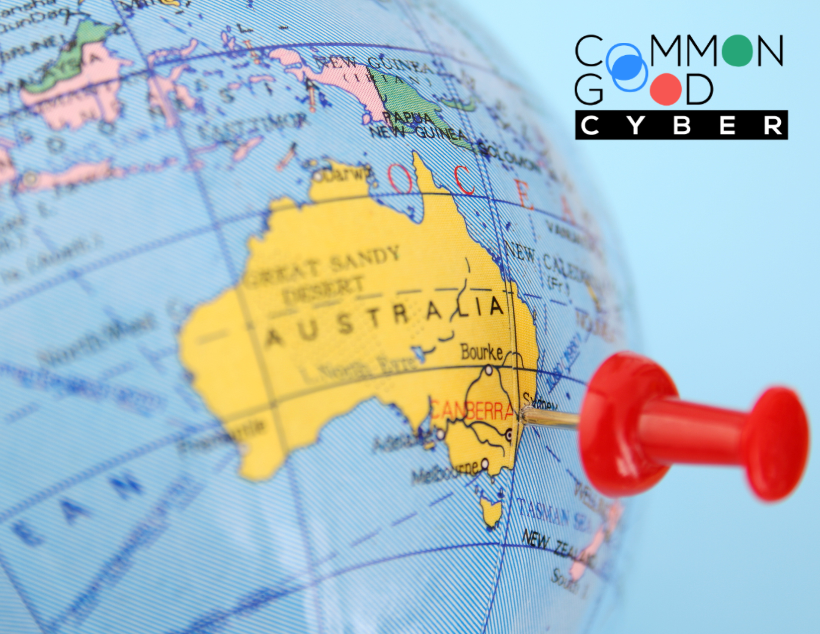 Map of Australia with pin in it plus Common Good Cyber logo